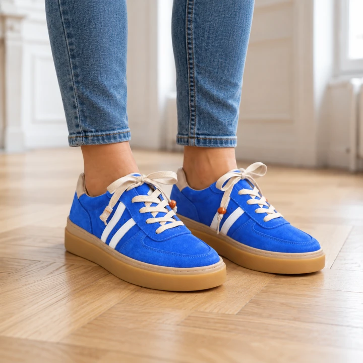 Kobaltowe sneakersy na drewnianej podłodze.png