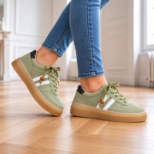 Zielone sneakersy na drewnianej podłodze.png