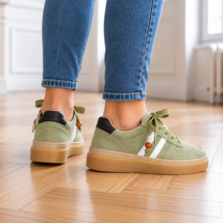 Stylowe zielone sneakersy na parkiecie.png