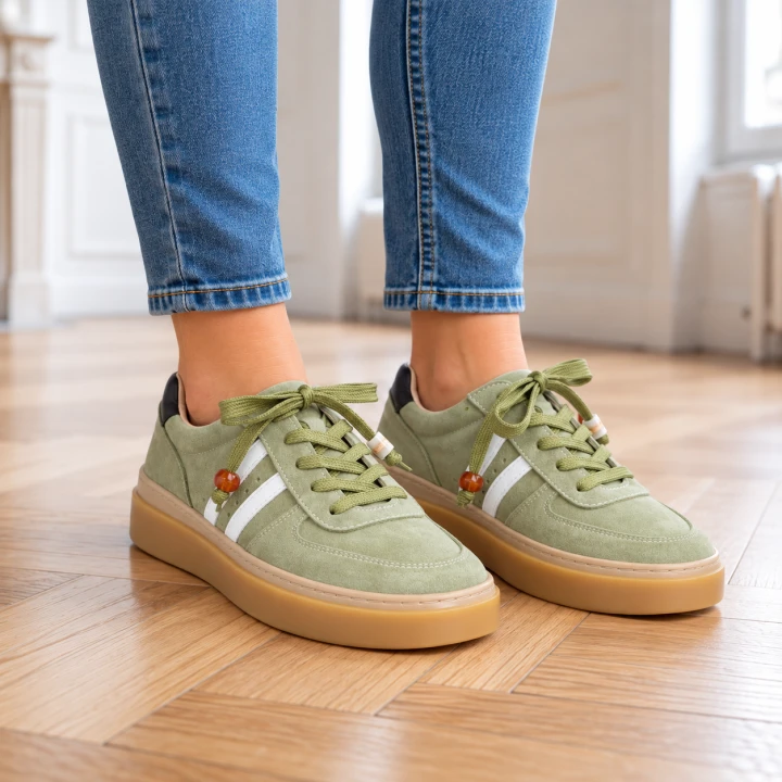 Zielone zamszowe sneakersy na parkiecie.png
