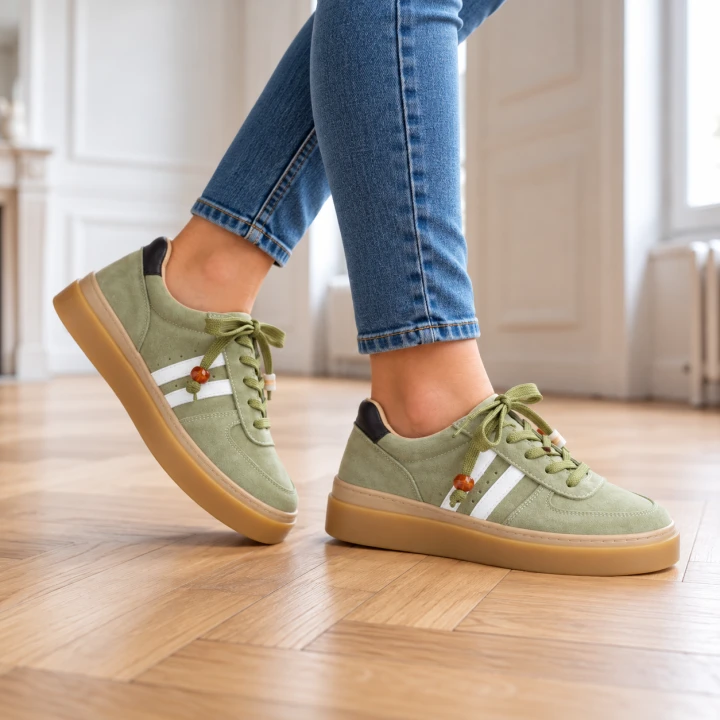 Oliwkowe sneakersy na drewnianej podłodze.png