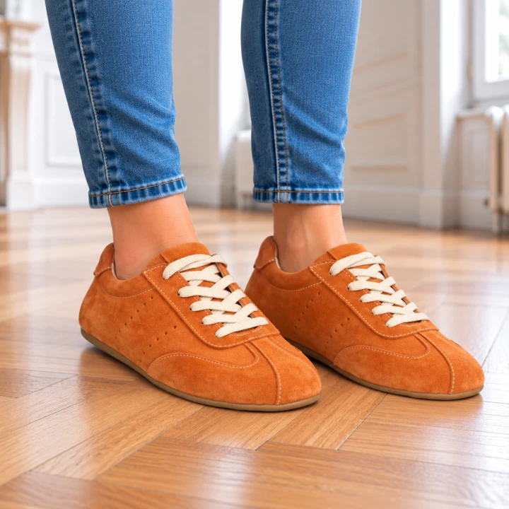 Pomarańczowe sneakersy na drewnianej podłodze.png
