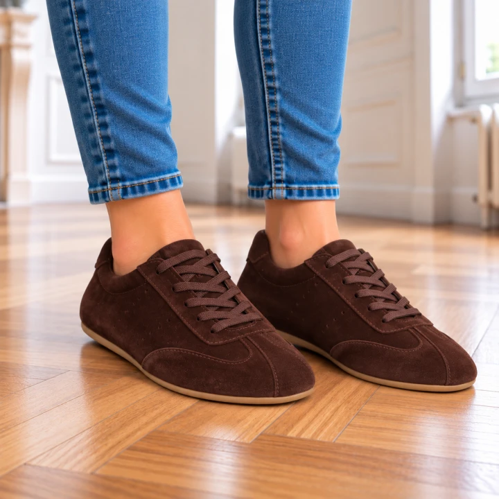 Brązowe zamszowe sneakersy w minimalistycznym wnętrzu.png