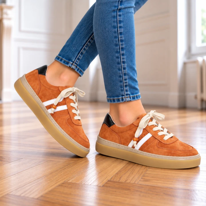 Pomarańczowe sneakersy na parkiecie.png